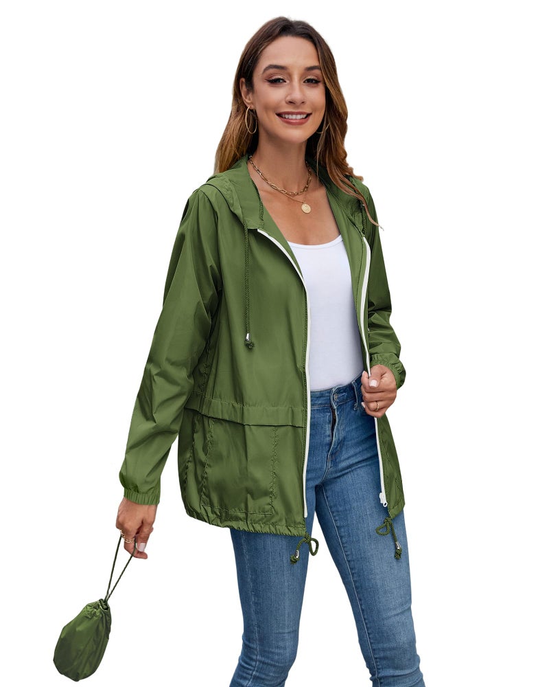 Hount Ladies Lightweight Raincoat with Hood Waterproof Packable Travel Windbreaker Rain Jackets (Army Green, L) - Image 3
